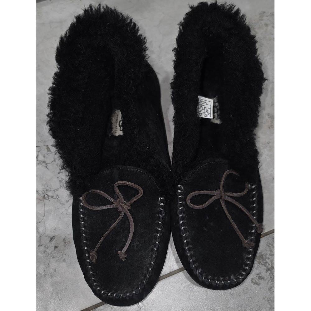 UGG Alena Black Suede Moccasin Slippers Sheepskin Shearling Lined Womens Sz 10